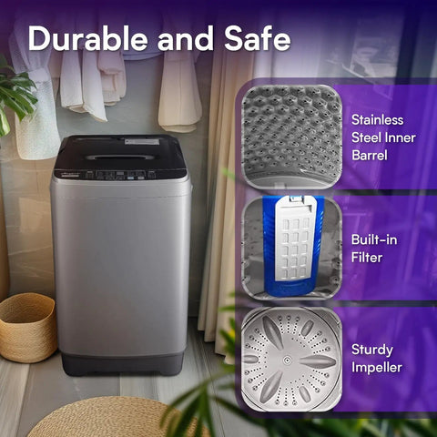Compact Heavy Duty Portable Washing Machine And Laundry Spinner Combo Handles Eighteen Pounds With Ten Auto Cycles And Fast Drain Hookup No Sweat Install Sweet For Dorms Apartments And Road Trips showing stainless steel barrel, built-in filter, and sturdy impeller.