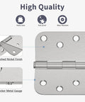 Close-up of Premium 4 Inch Brushed Nickel Exterior Door Hinges 3 Pack showing brushed nickel finish and thicker metal gauge.