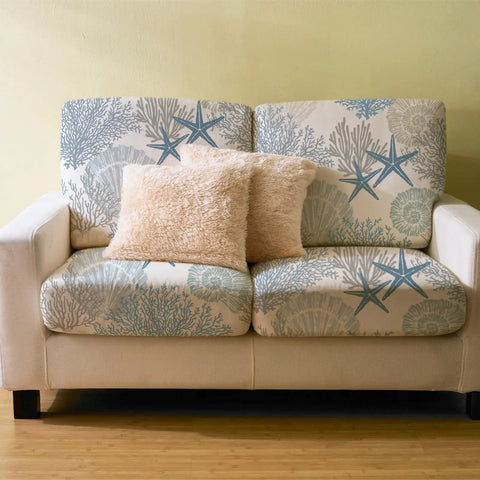 8 Piece Summer Patio Sofa Cushion Cover Set Stretchy Coastal Slipcovers With Starfish Seashell Coral Pattern For Outdoor Cushions Chairs And Couches Totally Fresh Makeover For Patio And Living Room, featuring coastal slipcovers on loveseat