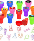 Science Party Stampers 24 Pack With 12 Designs showing colorful pre-inked stampers and stamped images for kids' crafting.
