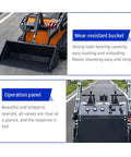 Compact 460 Mini Skid Steer Loader with Front Loader and Hydraulic Grapple Bucket operation and wear-resistant bucket close-up