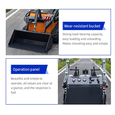 Compact 460 Mini Skid Steer Loader with Front Loader and Hydraulic Grapple Bucket operation and wear-resistant bucket close-up