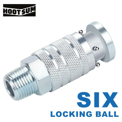 Close-up of Half Inch Air Hose Fittings Set With Industrial IM Couplers And Plugs, steel build, visible locking balls, for air compressors, 300 PSI.