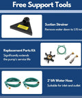 Free support tools for Heavy Duty Portable Electric Water Transfer Pump: suction strainer, replacement parts kit, and two 6ft water hoses.