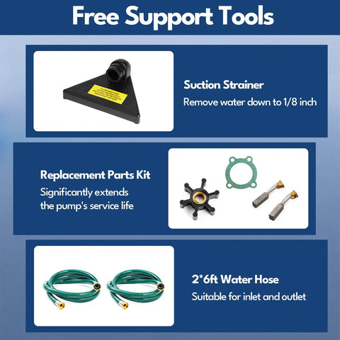 Free support tools for Heavy Duty Portable Electric Water Transfer Pump: suction strainer, replacement parts kit, and two 6ft water hoses.