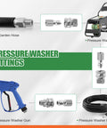Front view of pressure washer quick-connect kit with 8 stainless steel fittings and 3/8 inch male/female adapters, hose.