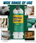 Rugged As Nails Heavy Duty Metal Repair Glue For Metal To Metal Bonds Waterproof Liquid Weld Epoxy Cold Weld Adhesive For Stainless Steel Iron Aluminum Fiberglass And Plastic Exhaust Repair Kit 1.76 Oz bottle with images of materials it bonds, such as metal, plastics, paper, and ceramics.