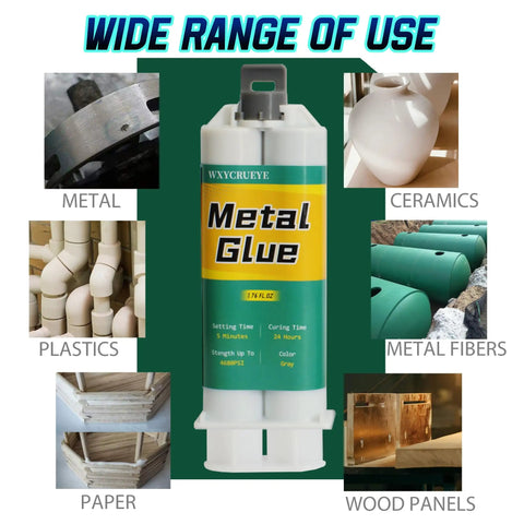 Rugged As Nails Heavy Duty Metal Repair Glue For Metal To Metal Bonds Waterproof Liquid Weld Epoxy Cold Weld Adhesive For Stainless Steel Iron Aluminum Fiberglass And Plastic Exhaust Repair Kit 1.76 Oz bottle with images of materials it bonds, such as metal, plastics, paper, and ceramics.