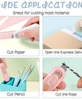 4-pack PSC box cutter, retractable utility knife; collage shows cutting paper, opening boxes, cutting pencils, and rope.
