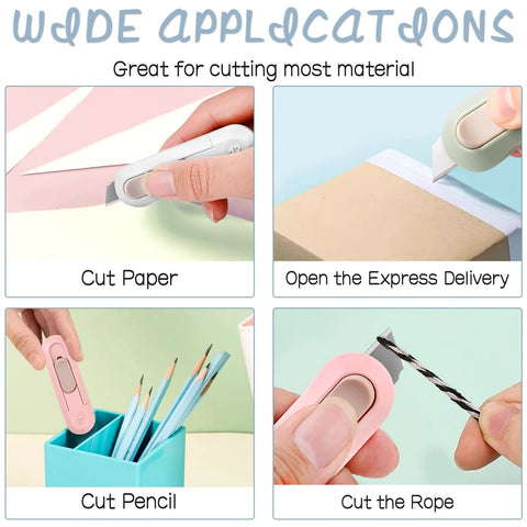 4-pack PSC box cutter, retractable utility knife; collage shows cutting paper, opening boxes, cutting pencils, and rope.