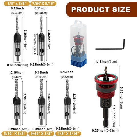 Heavy Duty Countersink Drill Bit Set For Woodworking sizes including 1/8" x 3/8" and 7/64" x 5/16", high speed steel and aluminum collars.