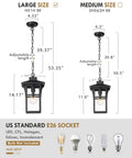 Comparison of large and medium Outdoor Porch Pendant Light With Seeded Glass Shade In Matte Black Farmhouse Exterior Hanging Lantern For Gazebo Built Tough Weatherproof ETL Listed Rust Resistant Adjustable Chain Large HX1H BK with dimensions.