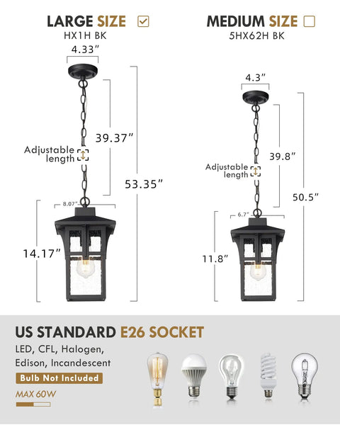 Comparison of large and medium Outdoor Porch Pendant Light With Seeded Glass Shade In Matte Black Farmhouse Exterior Hanging Lantern For Gazebo Built Tough Weatherproof ETL Listed Rust Resistant Adjustable Chain Large HX1H BK with dimensions.