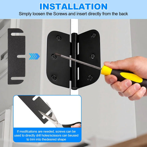 Installation of 3.5 Inch Door Hinge Shim Kit With Pro Grade Plastic Spacers using a screwdriver for easy, precise door alignment.