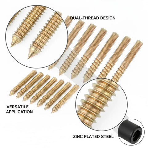 Close-up of dual-thread design in 21-Piece Hanger Bolt Kit With Driver Tool For Furniture Leg Assembly And General Hardware Mounting