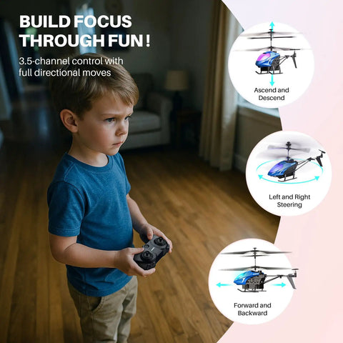 Child playing with Remote Control Helicopter With 40 Minute Flight Time And Auto Obstacle Avoidance Altitude Hold Dual Batteries