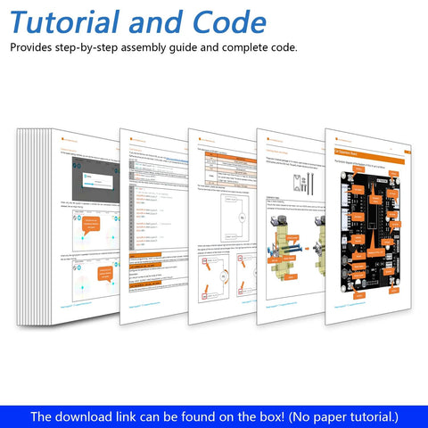 Freenove Omni Wheel Car Kit tutorial booklets; stack of white pages with Tutorial and Code header and orange accents