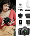 Woman holding 4K Digital Camera For Photography And Video, 64MP Pro Grade High Resolution Stills; accessories displayed, black