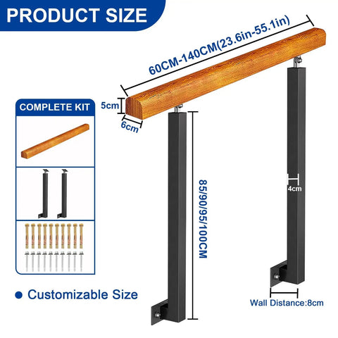 Dang Sturdy Wooden Handrail With Wrought Iron Posts And Adjustable 270 Degree Bracket For Outdoor Porch Or Deck Stairs detail dimensions