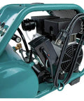 Built Tough One Point Five Horsepower Three Gallon Oil Free Electric Air Compressor Featuring Sixty Decibel Quiet Operation and Durable Roll Cage showing motor and components.