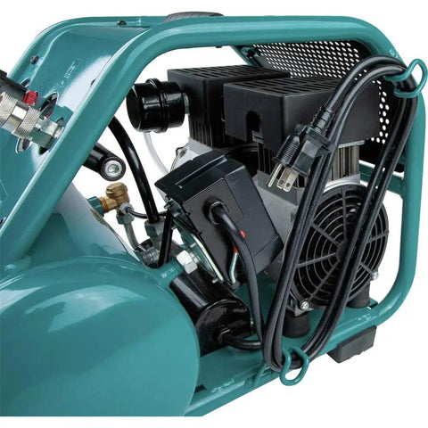 Built Tough One Point Five Horsepower Three Gallon Oil Free Electric Air Compressor Featuring Sixty Decibel Quiet Operation and Durable Roll Cage showing motor and components.