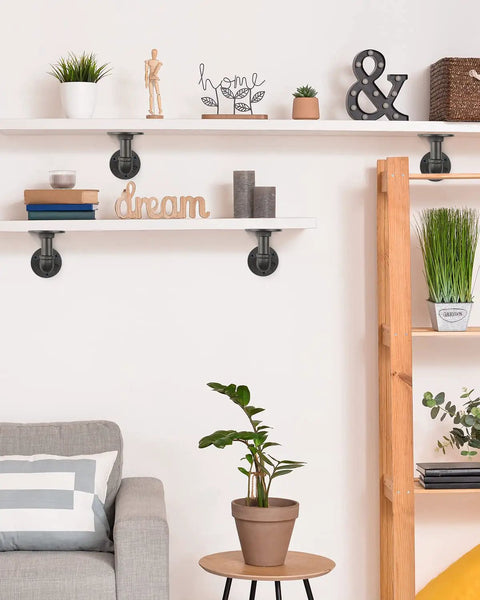 Living room shelves using Built Tough Pipe Shelf Brackets Set 4 Pack Black L Shaped Iron Shelving Brackets For Shelves Industrial Vintage DIY Pipe Shelf Hardware 4x4 Inch Rustic Farmhouse Mounting Kit