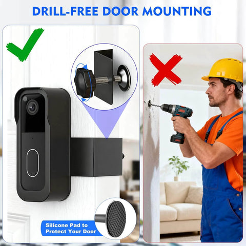 No Drill Video Doorbell Mount With Anti Theft Design And Rain Cover for 1st Gen and 2nd Gen shown with and without drilling