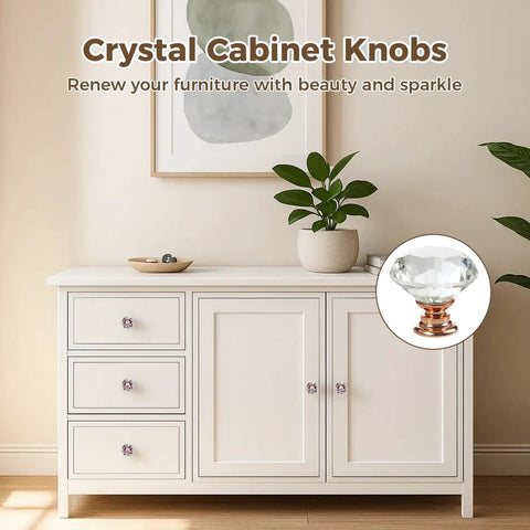 White cabinet with 26 Piece Crystal Rose Gold Glass Cabinet Knob Set With 1-1/4 Inch Knobs and 3/4 Inch Bases, 30 mm Decorative Drawer Pulls.