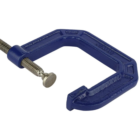 Super Handy Quick Grip C Clamp Two And A Half Inch Opening And Two And A Half Inch Throat Depth Smooth Rolled Threads For Fast Secure Hold On Woodworking And Metalworking Projects blue cast iron C clamp with steel screw