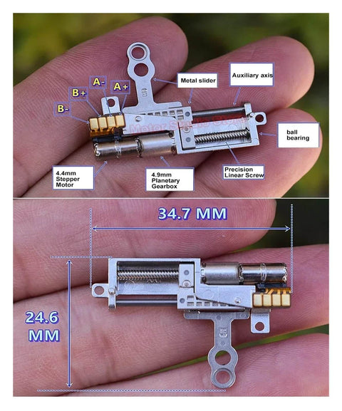 Close-up of 2 Phase 4 Wire 5mm Planetary Gearbox Kit with metal slider, stepper motor, and precision linear screw for high torque applications.