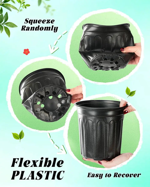 65 Pack One Gallon Seedling Pots With Drainage Holes For Easy Seed Starting And Transplants Flexible Thickened Soft Nursery Pots Built To Last For Home Garden Projects showing flexibility and drainage.