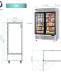 54 Inch Wide Commercial Display Freezer Featuring Double Glass Doors And Anti Fingerprint Stainless Steel Build, front view with dimensions.