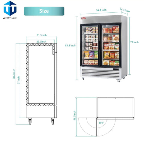 54 Inch Wide Commercial Display Freezer Featuring Double Glass Doors And Anti Fingerprint Stainless Steel Build, front view with dimensions.