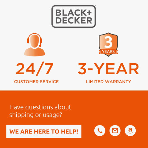 Black+Decker 24/7 customer service and 3-year limited warranty information with support contact icons.
