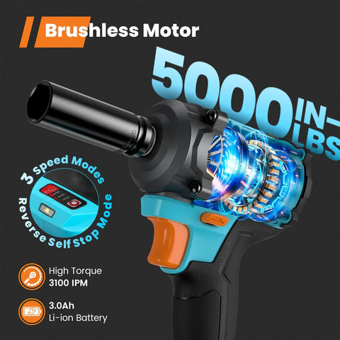 Cordless One Half Inch Impact Wrench With 20V Battery, Beast Torque Up To 5000 In-Lbs, 3100 IPM, Brushless Motor features