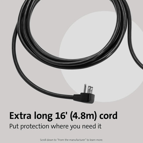 Close-up of 16ft cord from Six Outlet Surge Protector With A 16 Foot Cord And 1500 Joules Of Tabletop Surge Protection
