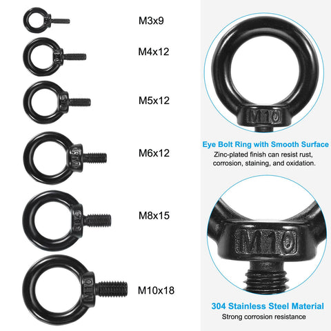 Diagram showing various sizes of black 304 stainless steel eyebolts with dimensions including M3x9 in a sturdy M3x9mm shoulder eye bolt set.