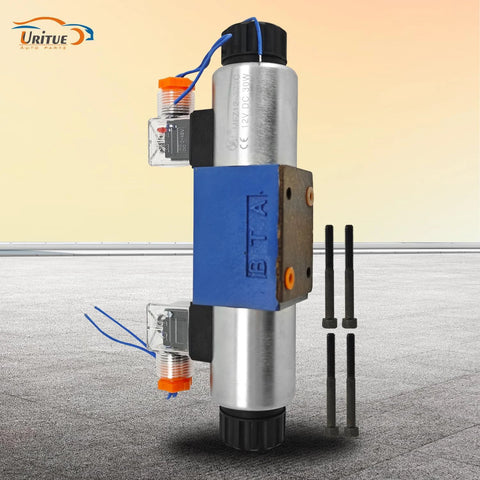 Front view of Uritue electric hydraulic directional control solenoid valve with blue body and silver cylinder, four bolts