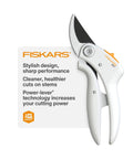 Bypass Pruner With PowerLever And Lightweight FiberComp Handles ergonomic garden shears on display card, highlighting features