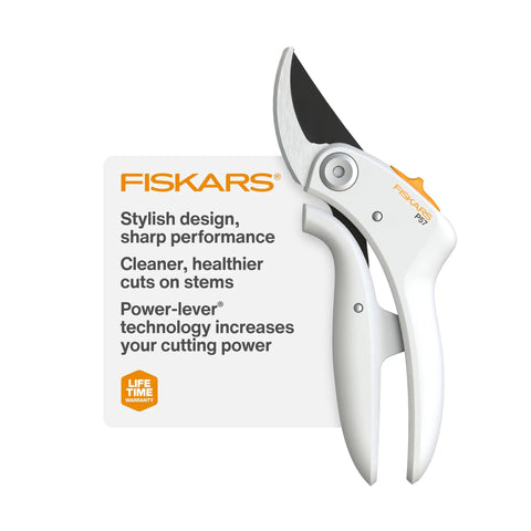 Bypass Pruner With PowerLever And Lightweight FiberComp Handles ergonomic garden shears on display card, highlighting features