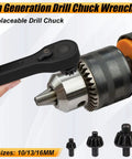 Close-up of 3 In 1 Magnetic Ratchet Drill Chuck Key Wrench with interchangeable heads for electric drills, sizes 10/13/16mm.