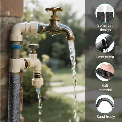 Outdoor spigot wrapped with 12 Pack Pipe Insulation Foam Tubes For Frost Protection, Three Quarter Inch Inner Diameter, 15.5 Inch Length.