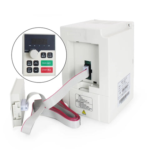 One Point Five KW 110V VFD Inverter converts single phase to 3 phase for CNC router spindle motor, front view with extension cable