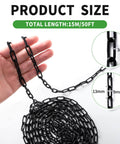 Heavy Duty Three Millimeter Metal Hanging Chain Fifty Foot Length With Organizer Spool, hand holding black chain, length details.