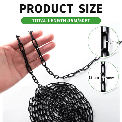 Heavy Duty Three Millimeter Metal Hanging Chain Fifty Foot Length With Organizer Spool, hand holding black chain, length details.