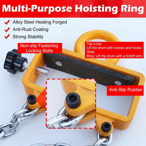 Multi-Purpose Hoisting Ring made of alloy steel, featuring locking bolts and anti-slip rubber, designed for secure drum lifting.