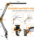 Diagram of LED Desk Lamp With Swing Arm Clamp, 14W Eye Care Lighting, showing 360-degree rotation and foldable arms