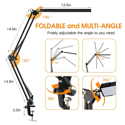 Diagram of LED Desk Lamp With Swing Arm Clamp, 14W Eye Care Lighting, showing 360-degree rotation and foldable arms