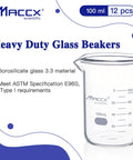 Sturdy 100 Ml Glass Beaker Set With Printed Graduation, Low Form Griffin Beakers, 12 Pack, 3.3 Borosilicate Lab Glassware