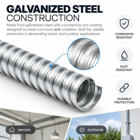 Heavy Duty Encased Galvanized Steel Flexible Electrical Conduit Three Eighth Inch Size Of 100 Feet with zinc coating for corrosion resistance.